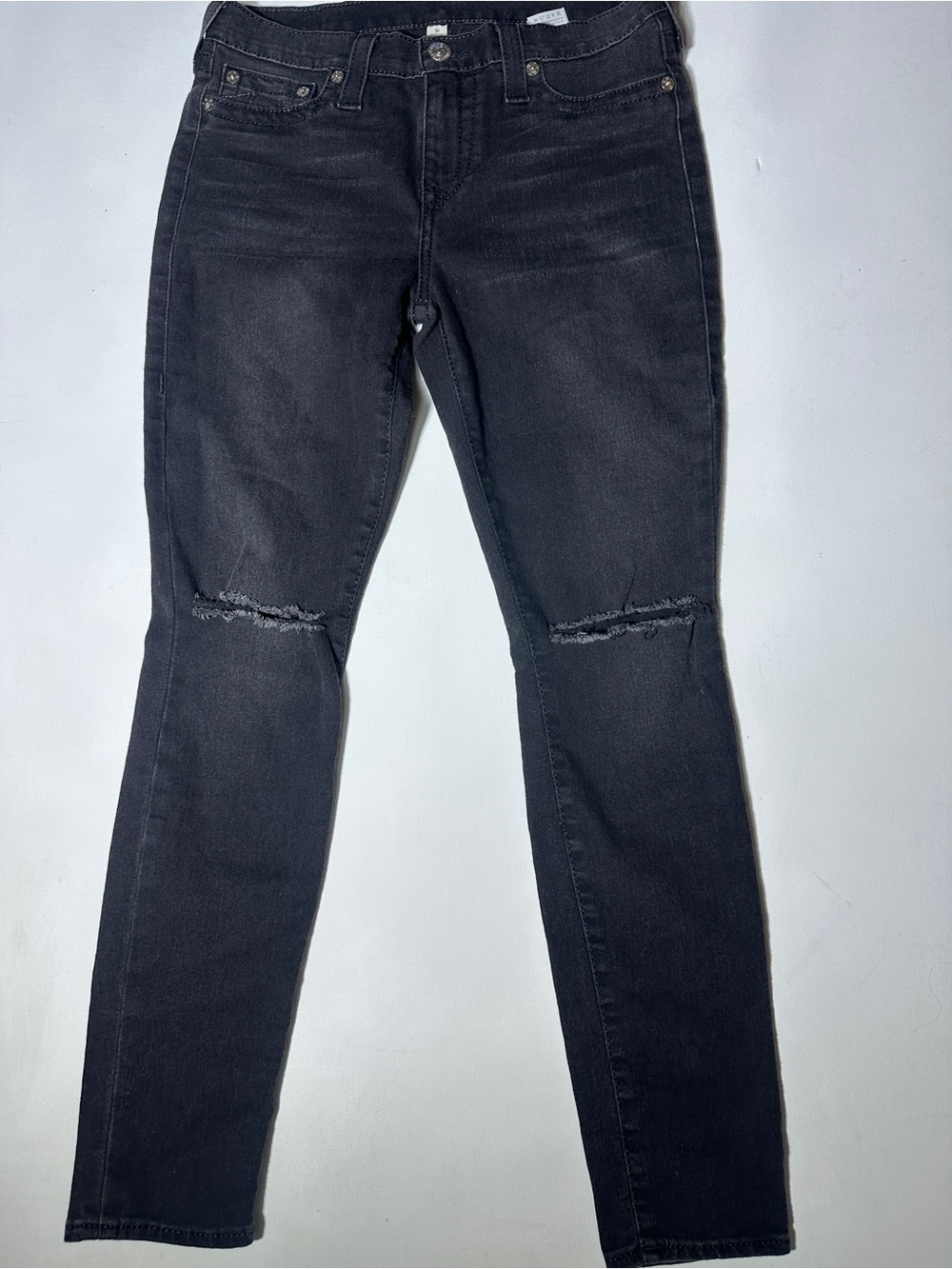 Y2k True Religion Men's Skinny Black Distressed Knee Jeans